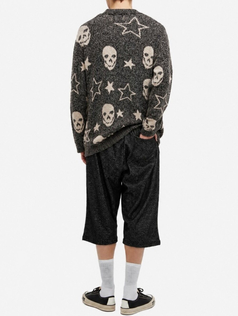 HALLOWEEN Skull Stars Cardigan Sweater Open Charcoal Cream Unisex Large